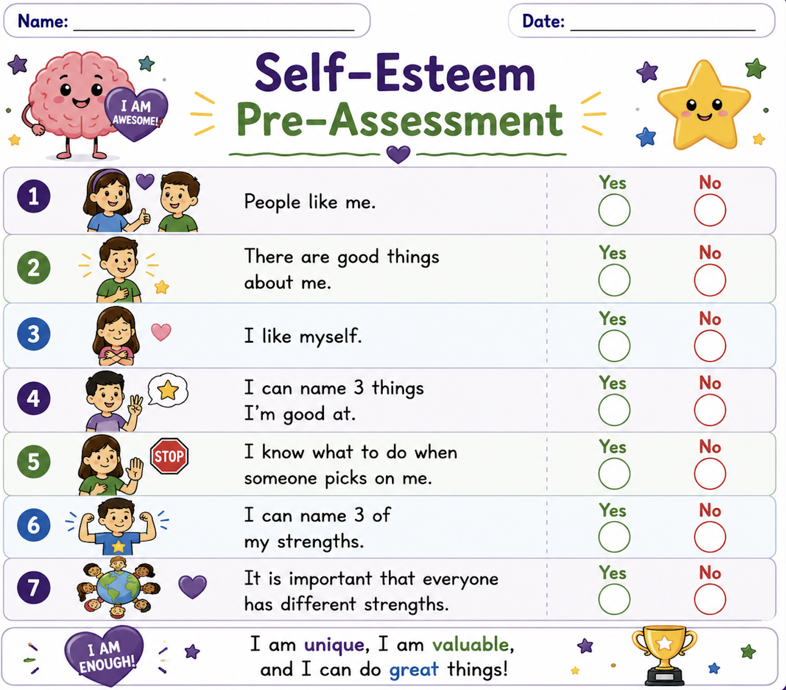 Self Esteem Pre Assessment Grades 3-6