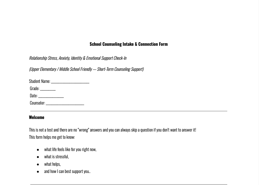 School Counseling & Connection Intake Form