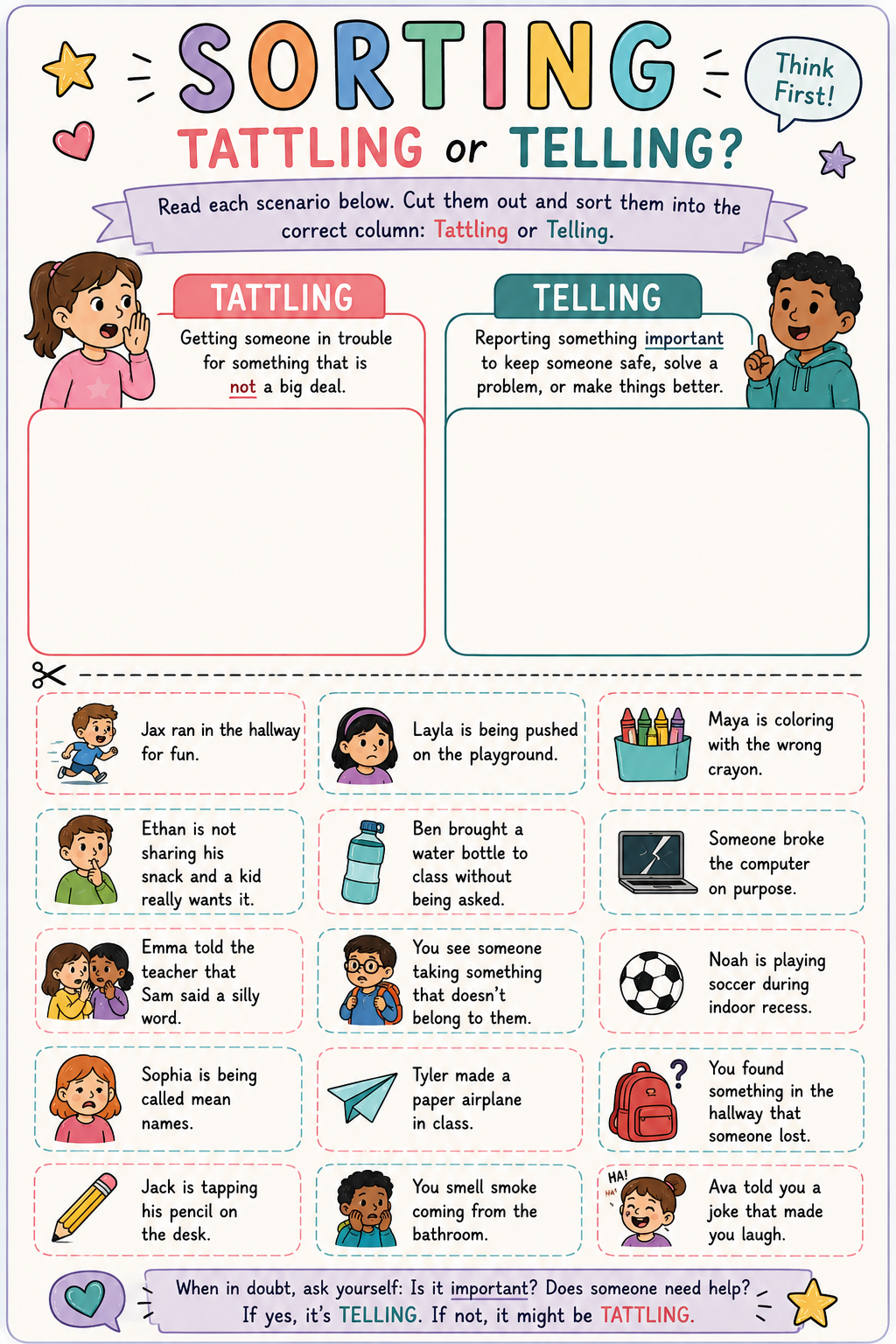 Telling or Tattling Sorting Worksheet