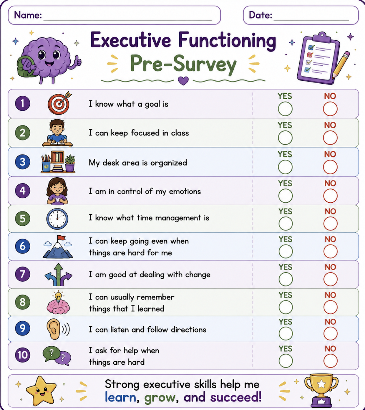 Executive Functioning Pre Assessment - Grades 3-6