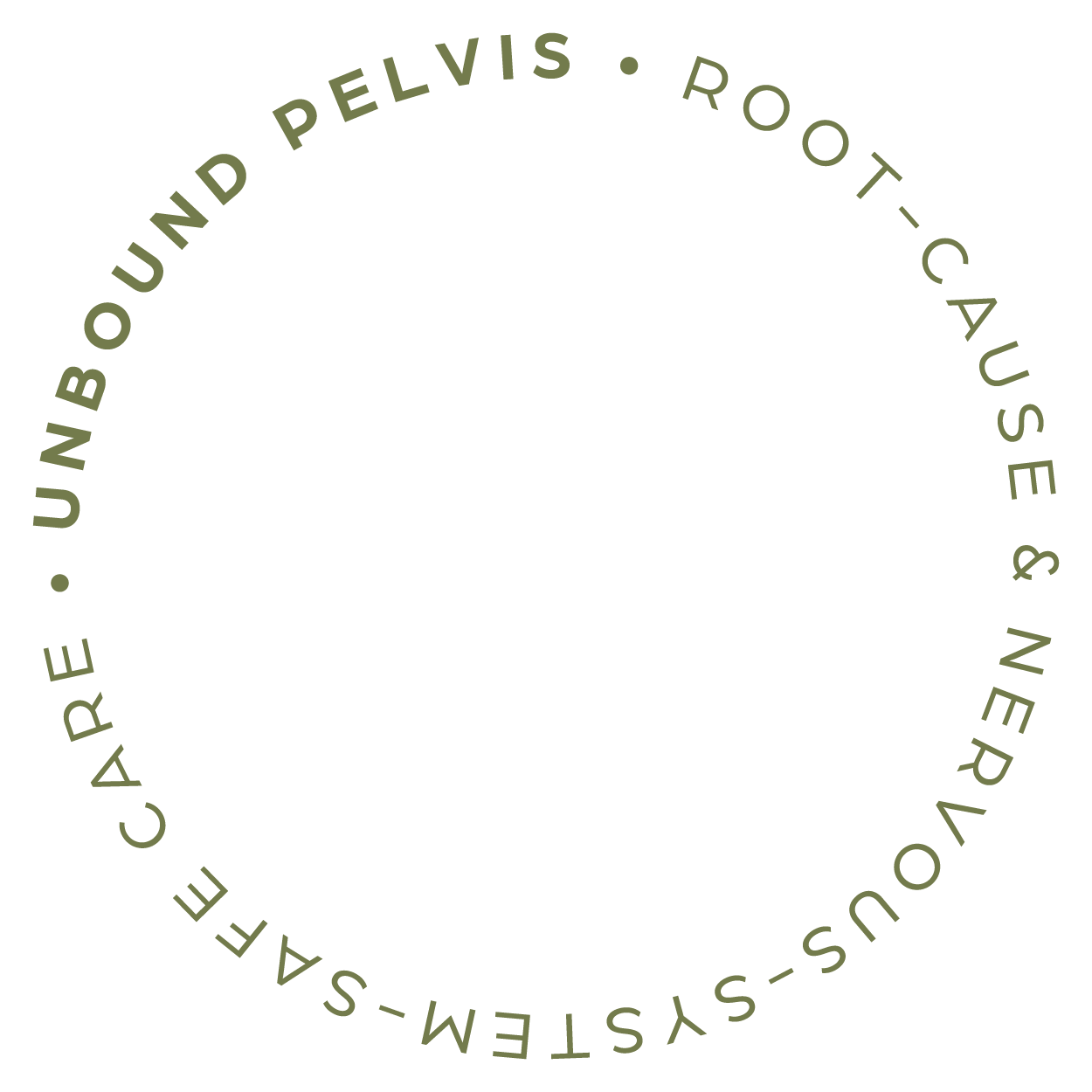 Circular logo with text: 'UNBOUND PELVIS • ROOT-CAUSE & NERVOUS-SYSTEM-SAFE CARE'.