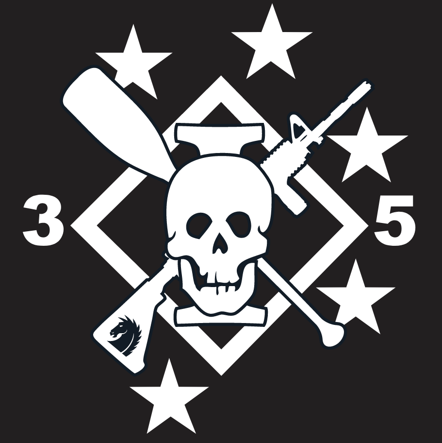 A black and white graphic featuring a skull with a baseball bat, a rifle, and a bone crossed behind the skull. There are five stars and the numbers 3 and 5 on either side of the skull, with a diamond-shaped border behind.