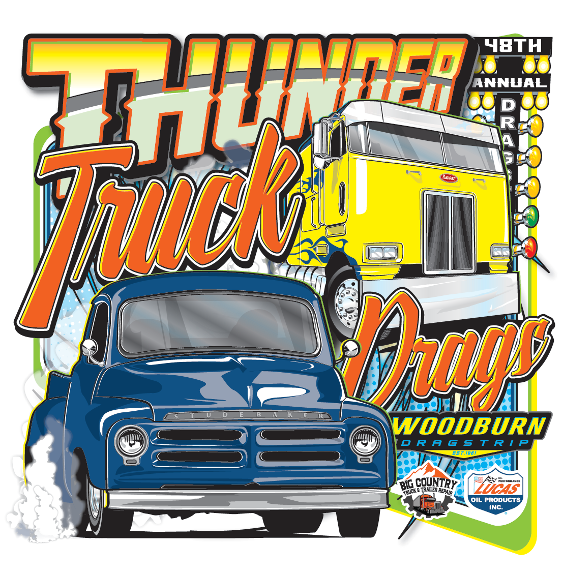 Hotrod art, car shows art, screen printing design, silkscreen design, t-shirt art, hot rod art, car show designs, car cruise, drag racing, car show apparel, vintage car show art, Thunder trucks, semi trucks, vintage dragsters, Peterbilt, Kenworth, Ma