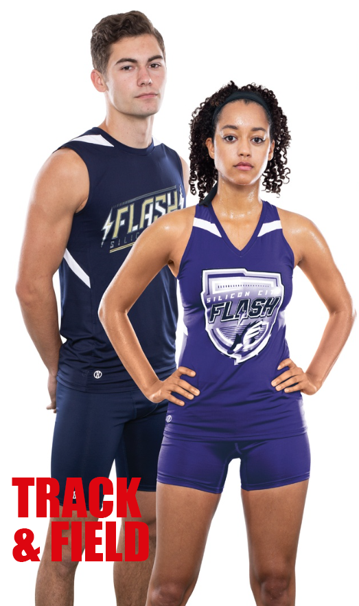 Two athletes, a man and a woman, posing in athletic uniforms. The woman is in the foreground with her hands on her hips, wearing a purple sports uniform with a logo. The man is in the background with his arms at his sides, wearing a matching dark blu