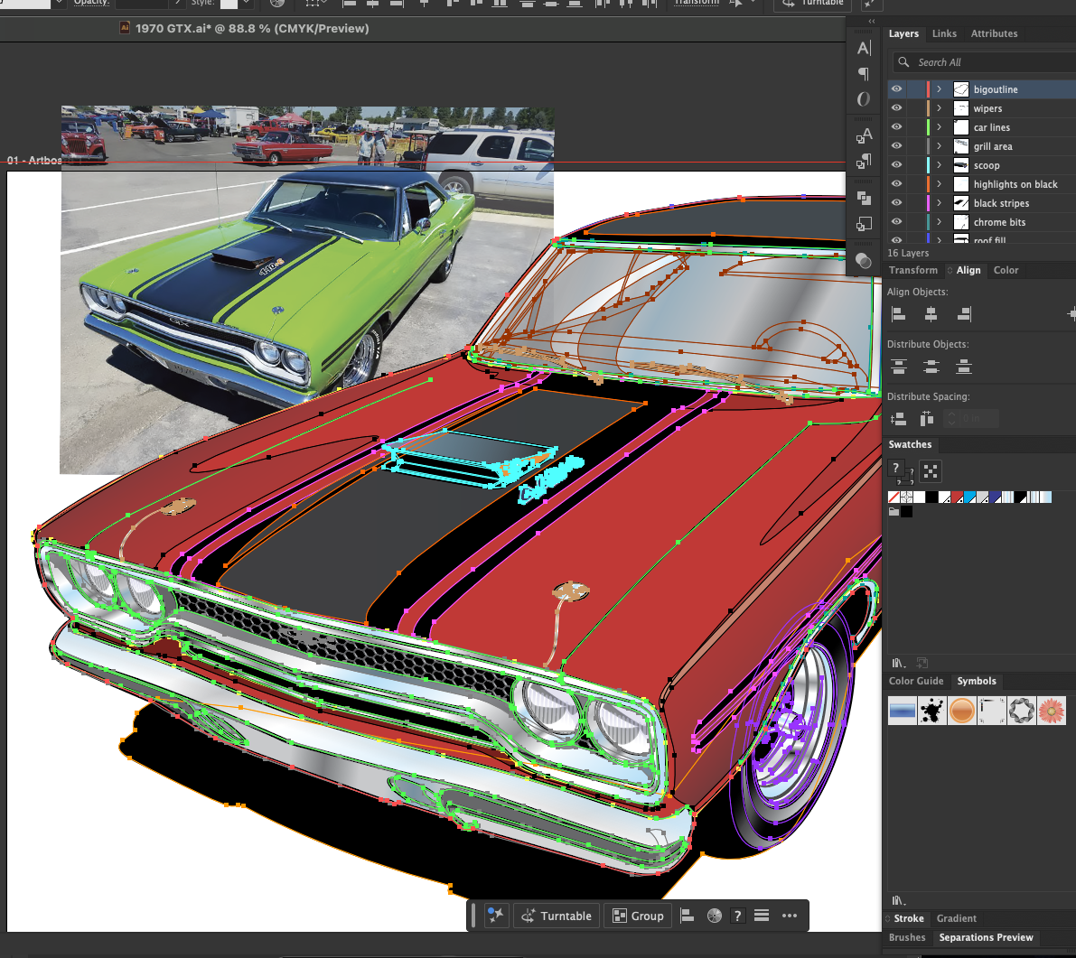 before and after of a photo to a drawing of a hotrod, custom car