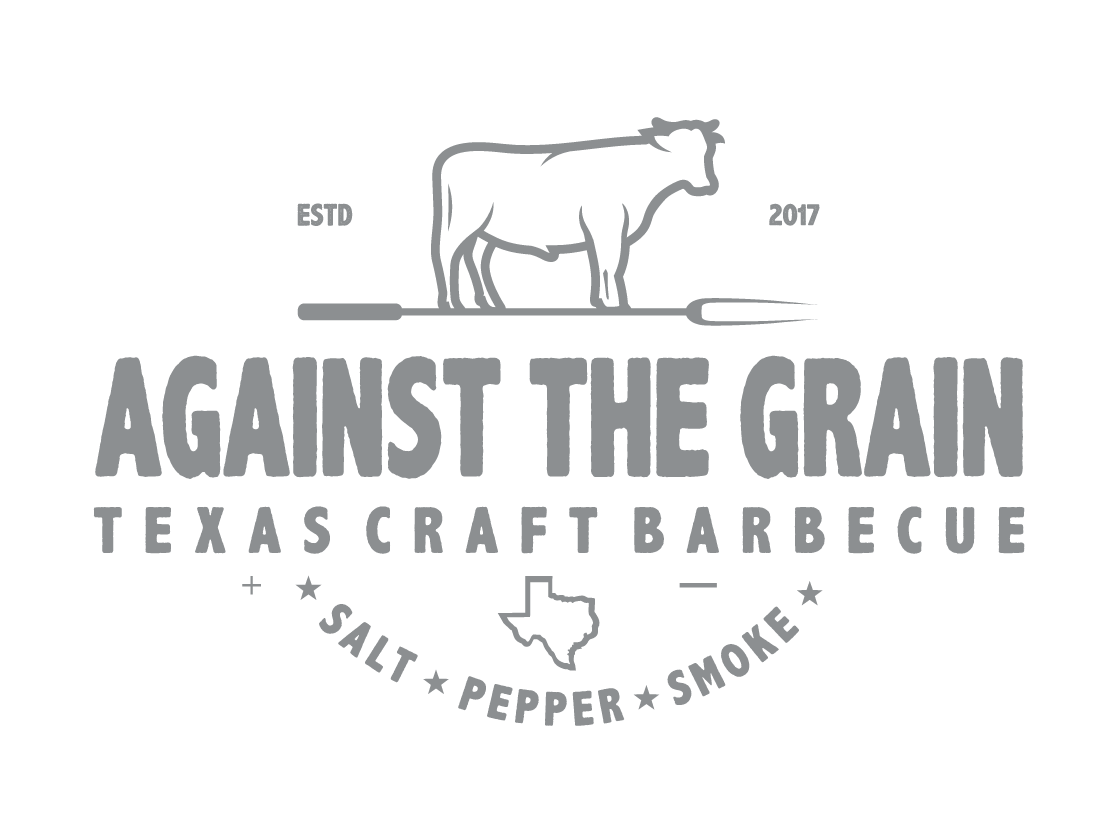 Logo for 'Against the Grain Texas Craft Barbecue' featuring a cow standing on a barbecue skewer, a Texas outline, and the words 'Salt, Pepper, Smoke'.