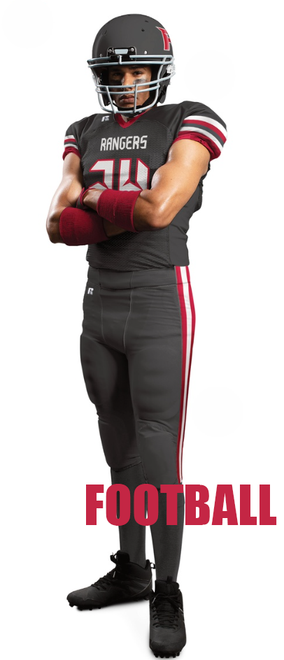 A football player in a black and red uniform with a helmet, standing with arms crossed, and the word FOOTBALL in bold red letters at the bottom.
