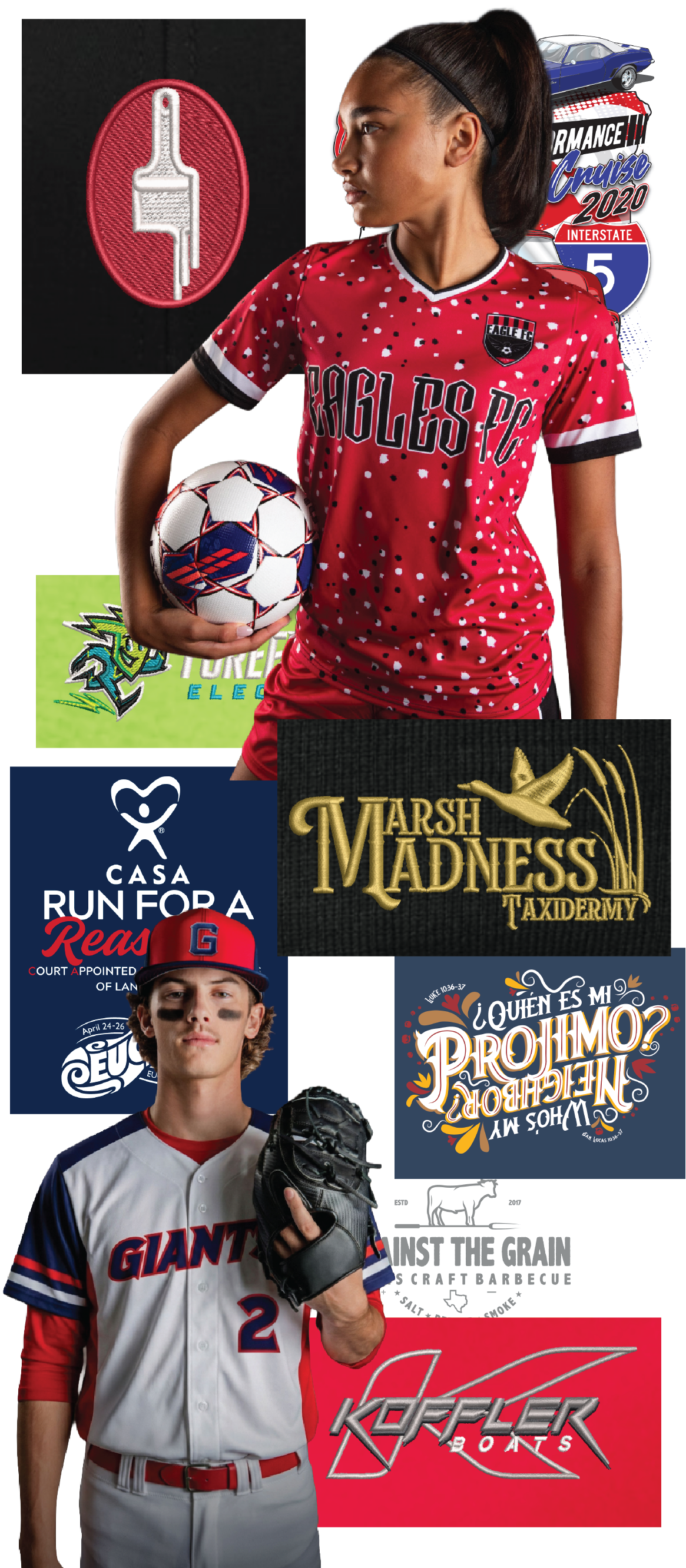 Collage of promotional images featuring various logos, advertisements, and promotional graphics including car shows, hotrod art, school spirit and groups.