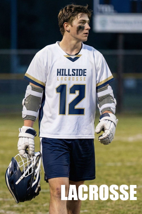 A young male lacrosse player in a white jersey with the number 12, holding a lacrosse helmet in his right hand and wearing gloves and protective arm gear, standing on a lacrosse field with a blurred background.