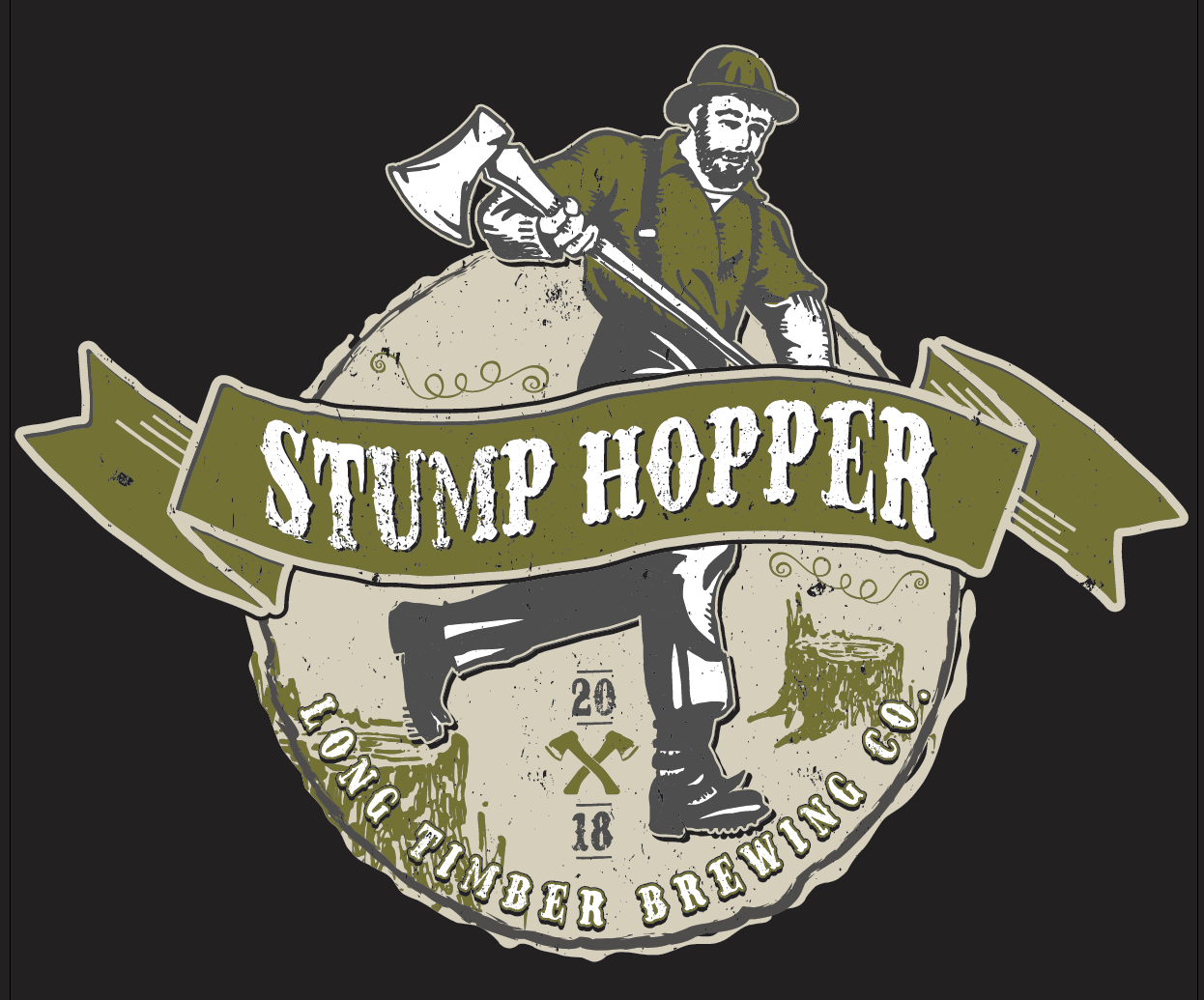 Illustration of a lumberjack chopping wood with an axe, with text "Stump Hoppper" and "Longtime Lumber Brewing Co" on a banner and circular badge.
