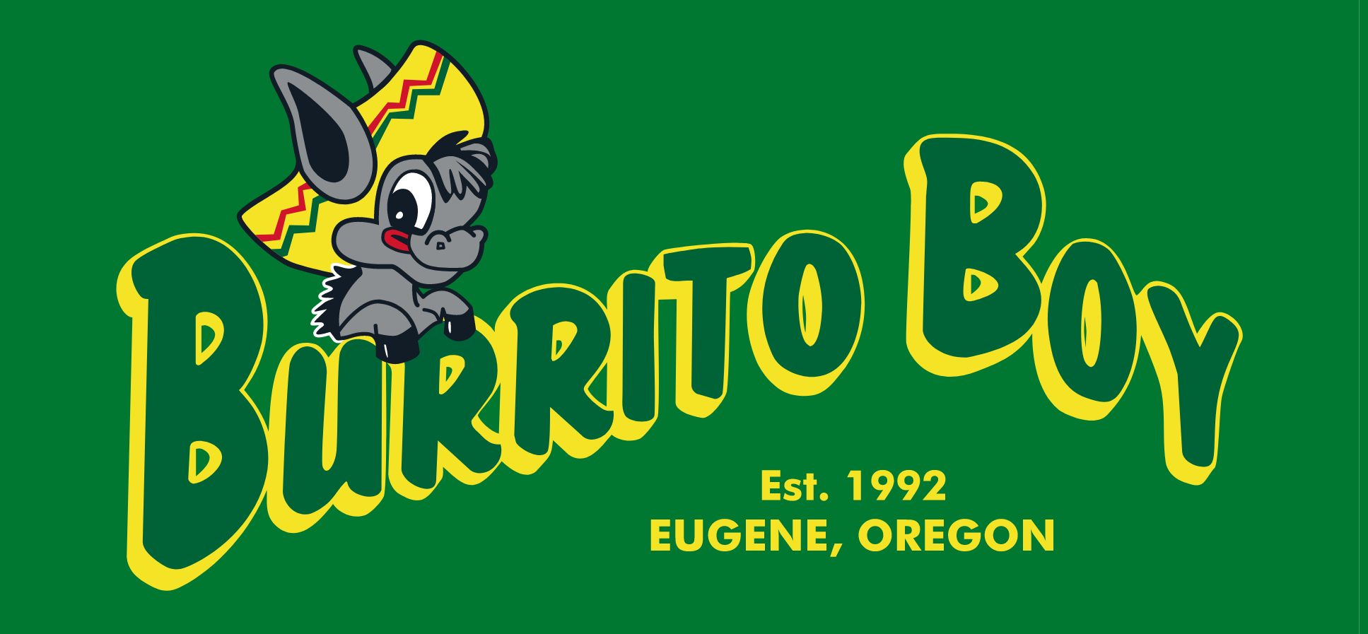 A cartoon donkey with a yellow, red, and green sombrero sitting on large, yellow and green stylized letters on a green background.