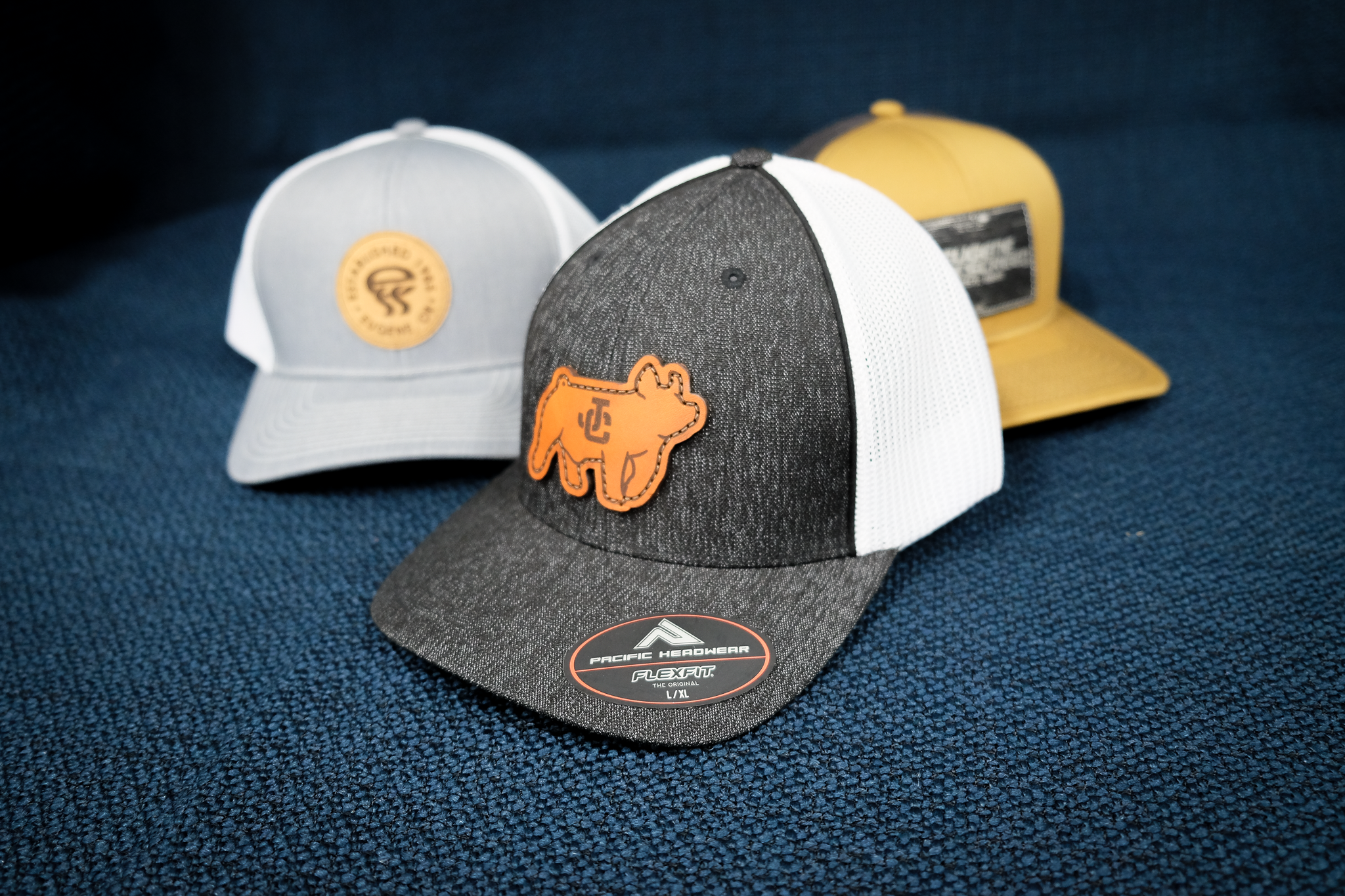 Three baseball caps on a blue textured surface, with one in the foreground featuring an orange dog-shaped patch, and another with a round gold logo. Leather, dye sublimation and embroidered patches.