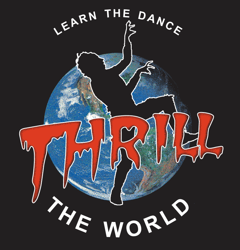 Logo with a dancing girl silhouette over a globe, text says "Learn the Dance Thril the World" with "Thril" stylized in red and dripping, and white text curves above and below.