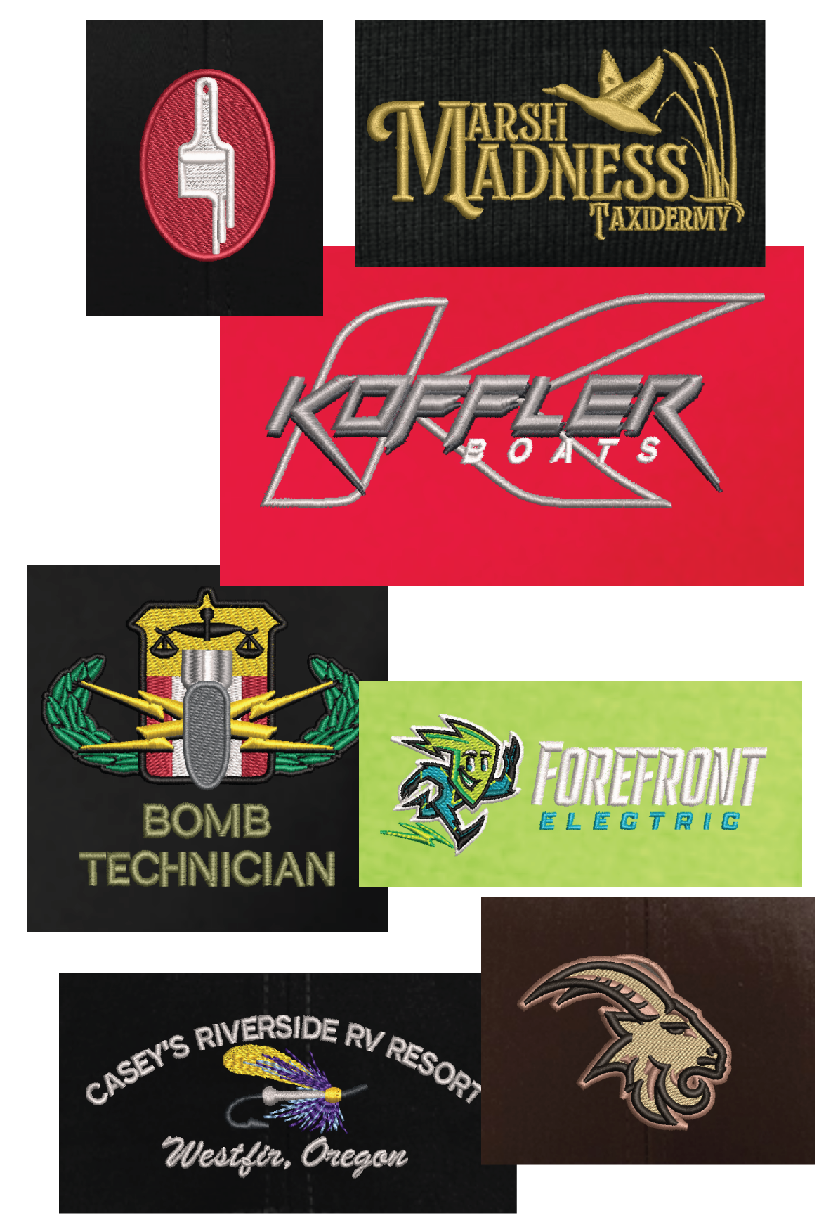 Collection of embroidered patches with various logos and designs, including a fishing scene, a biker club emblem, a bug with wings ," and a nature scene with a bird.