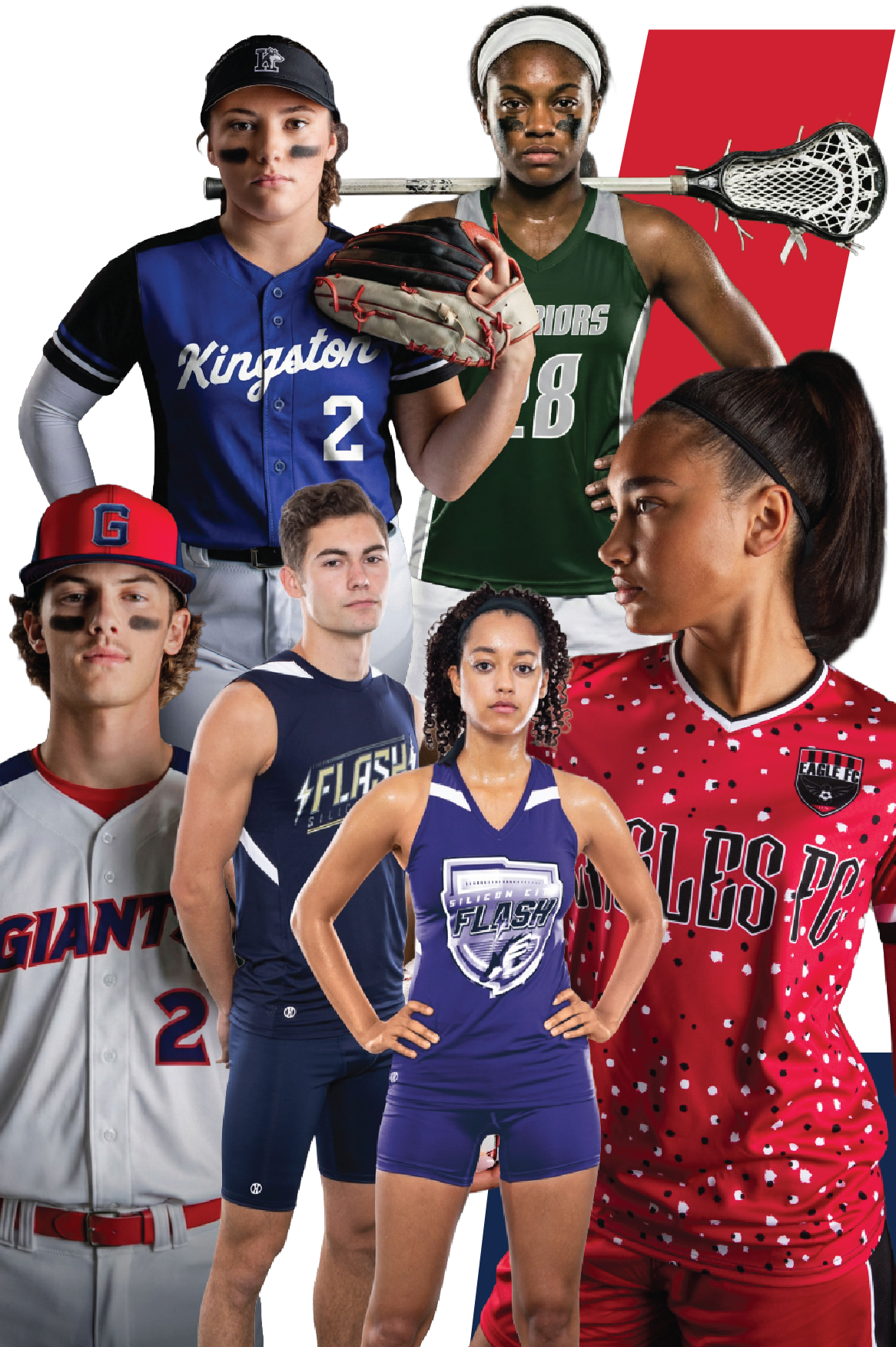 Group of young female and male athletes dressed in various sports uniforms, including softball, lacrosse, baseball, football, and volleyball, standing together with serious expressions, showcasing team spirit.