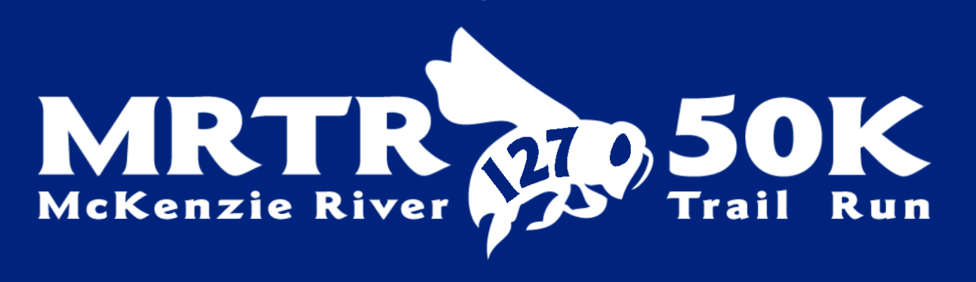 Logo for the McKenzie River Trail Run featuring the text 'MRT' and 'Trail Run', the distance '50K', and an illustration of a fish with the number '127' on it, all on a blue background.