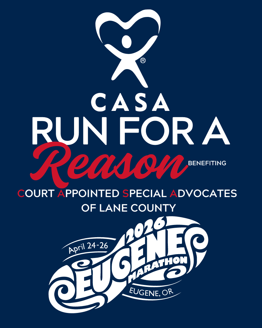 Promotional poster for CASA Run for a Reason charity event benefiting Lane County's special advocates, featuring the 2026 Eugene Marathon, held April 24-26 in Eugene, Oregon, with a stylized dove and heart logo.