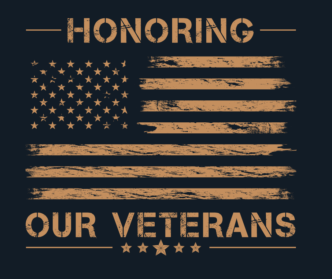 Text reading 'Honoring Our Veterans' with a distressed American flag graphic in the background.