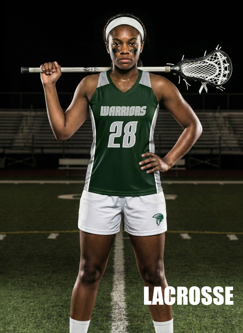A female lacrosse player in a green and white uniform stands on a field at night. She holds a lacrosse stick over her shoulder and has her hand on her hip. 