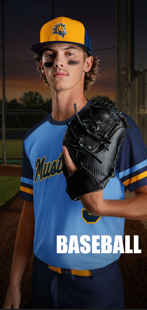 A young male baseball player in a blue and yellow uniform and cap, standing on a baseball field during sunset, holding a black baseball glove, with the word 'BASEBALL' written in white at the bottom.