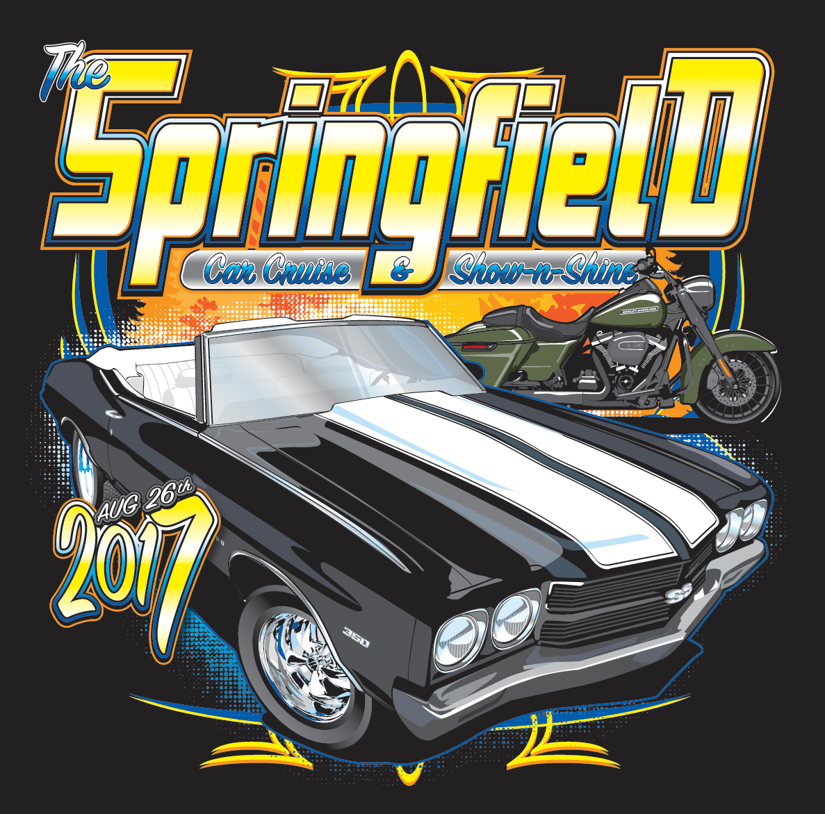 Event poster featuring a black muscle car with white racing stripes and a green motorcycle on a dark background with vibrant graphic elements.