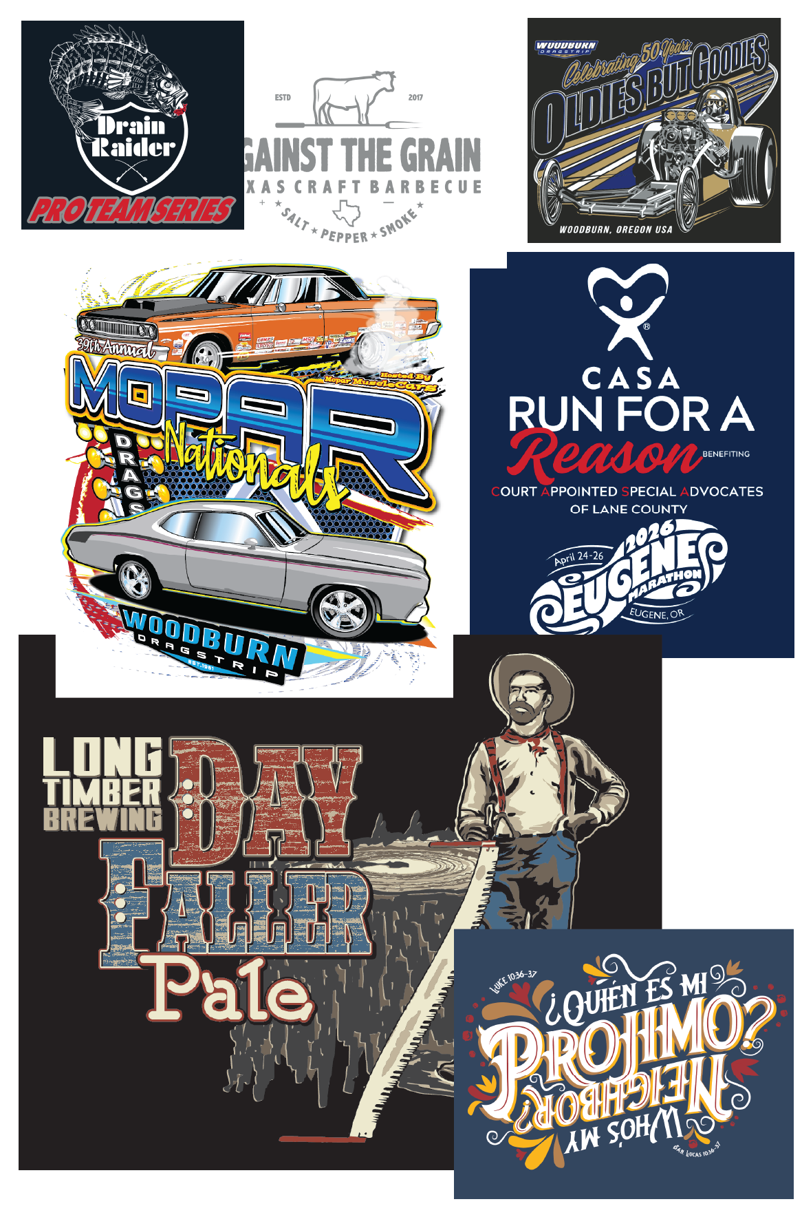 A collage of various colorful posters and logos including a race car, a vintage car, a man in rugged clothing, a person fishing in a river, and event advertisements for drag racing, barbecue, and beer brewery promotions.