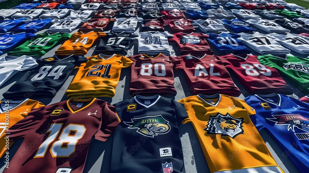 Multiple American football jerseys are laid out on the ground in rows, displaying various team colors, logos, and numbers.