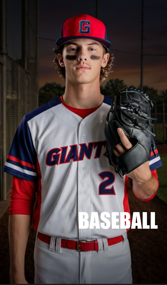 Young baseball player wearing a white and blue jersey with red cap with a blue 'G', black eye black, holding a baseball glove, standing on a baseball field at dusk.