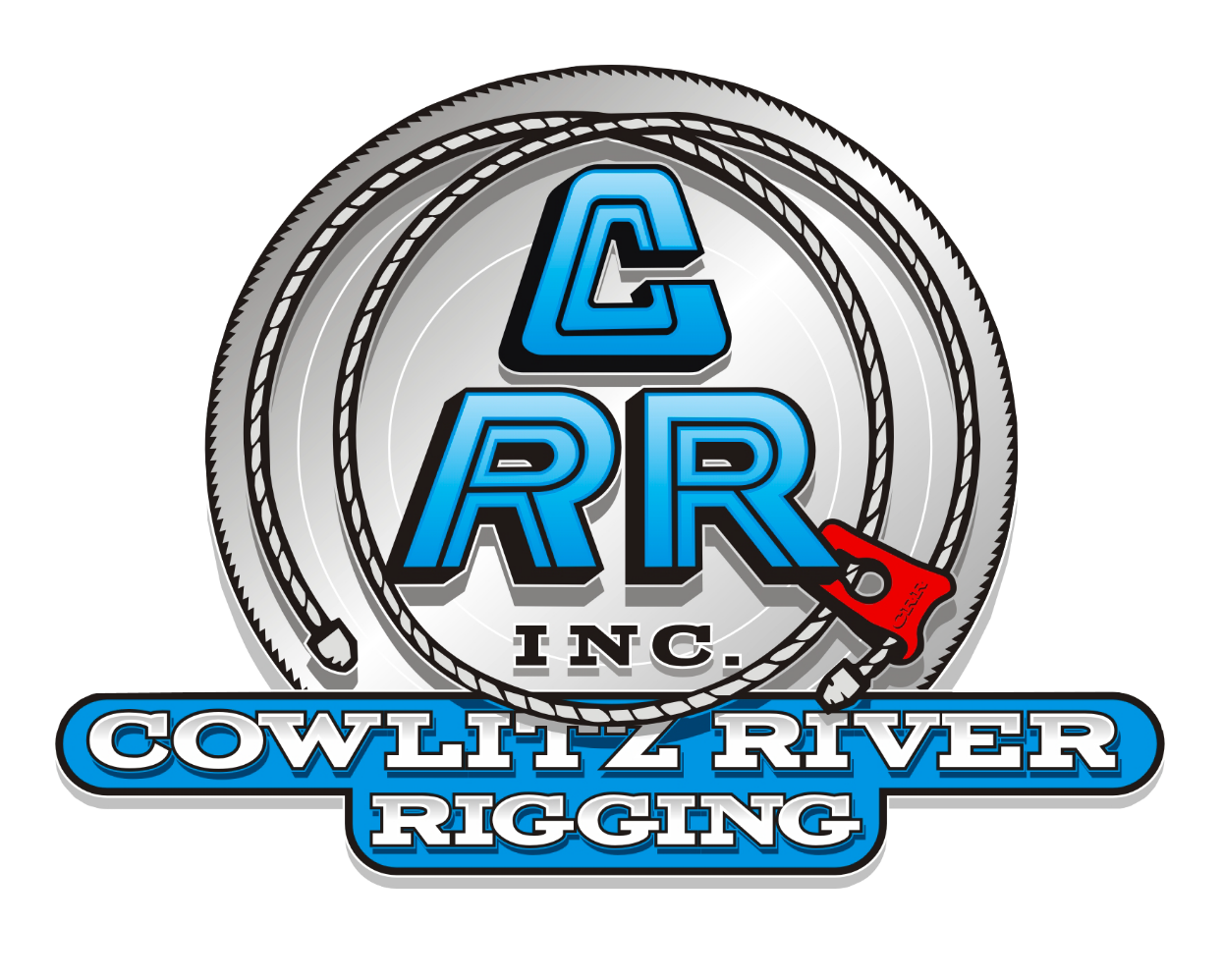 Logo for Cowlitz River Rigging featuring blue and black text, a rope graphic, and a red bait fork, with the words 'Cowlitz River Rigging' at the bottom.