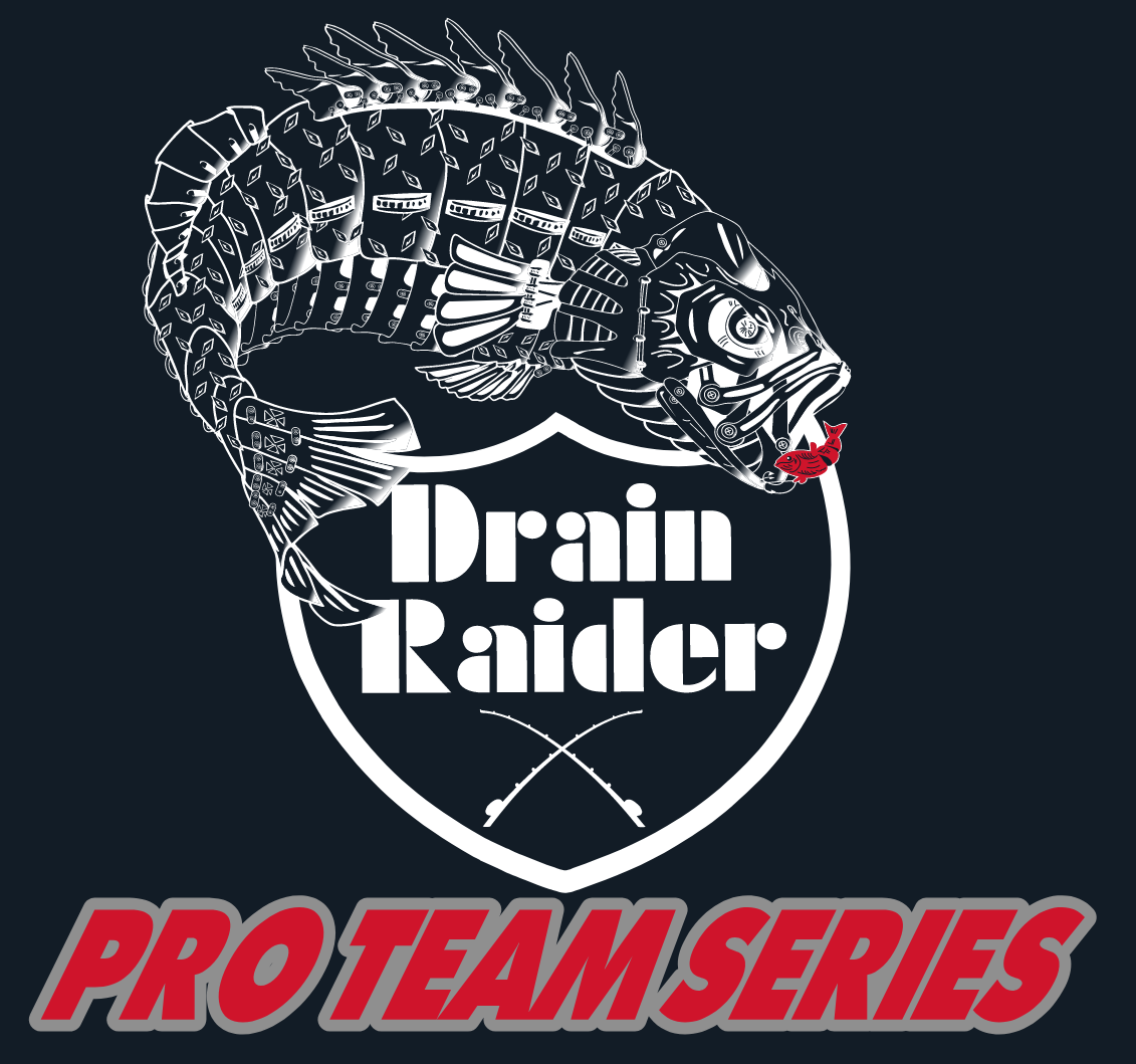 Logo for Drain Raider Pro Team Series featuring a robotic fish holding a red crawfish, with a shield emblem and two crossed fishing hooks.