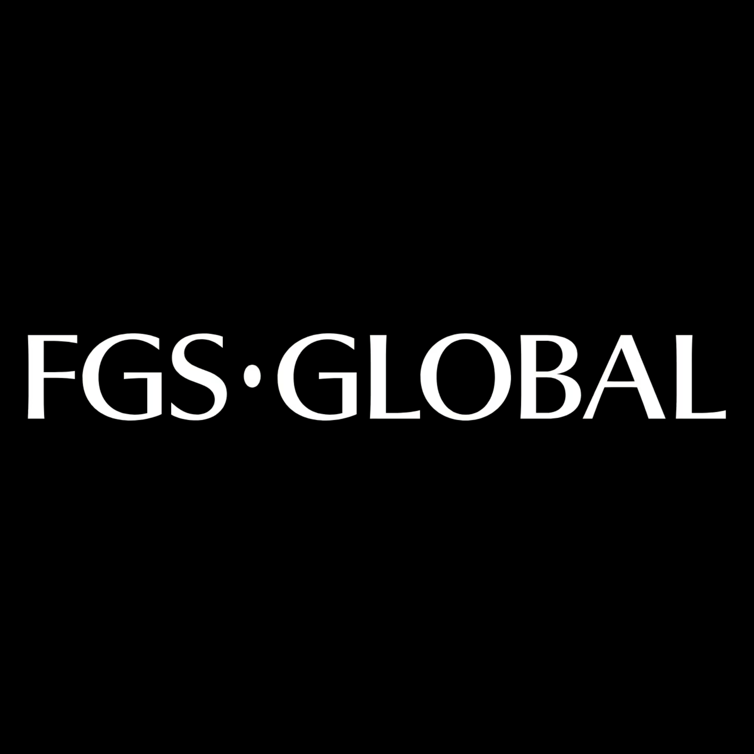 FGS Global logo with a black background, featuring white geometric shapes and text.