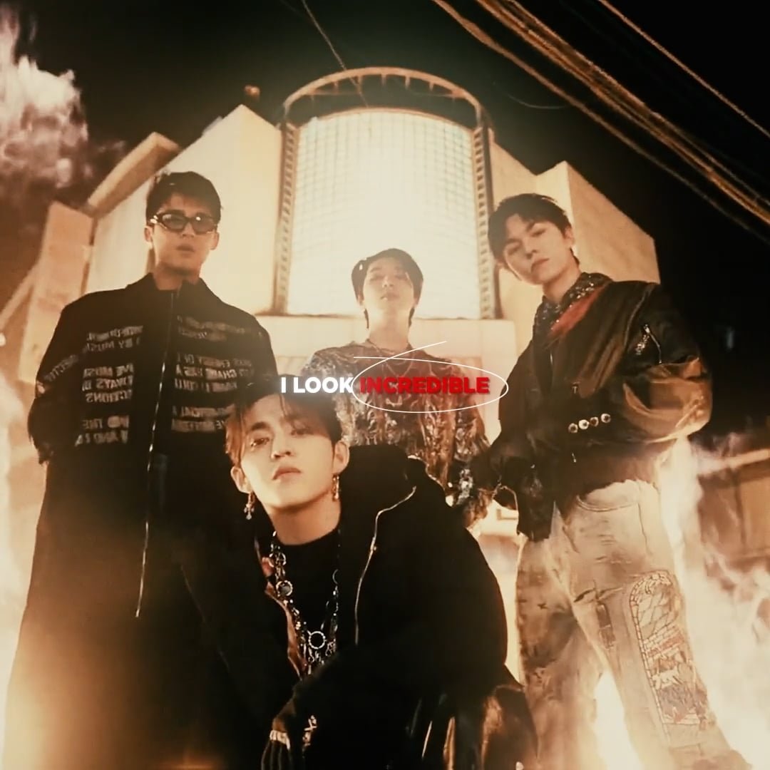 A promotional poster for BTS with five members posing in front of a burning building background, with the words 'I LOOK INCREDIBLE' in the center.