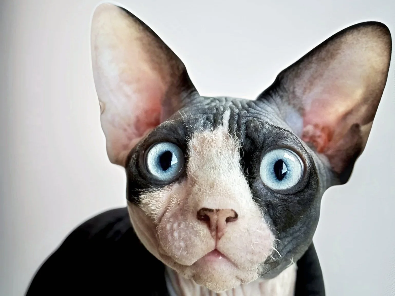 DBE Celestial Sphynx Cat with two blue eyes
