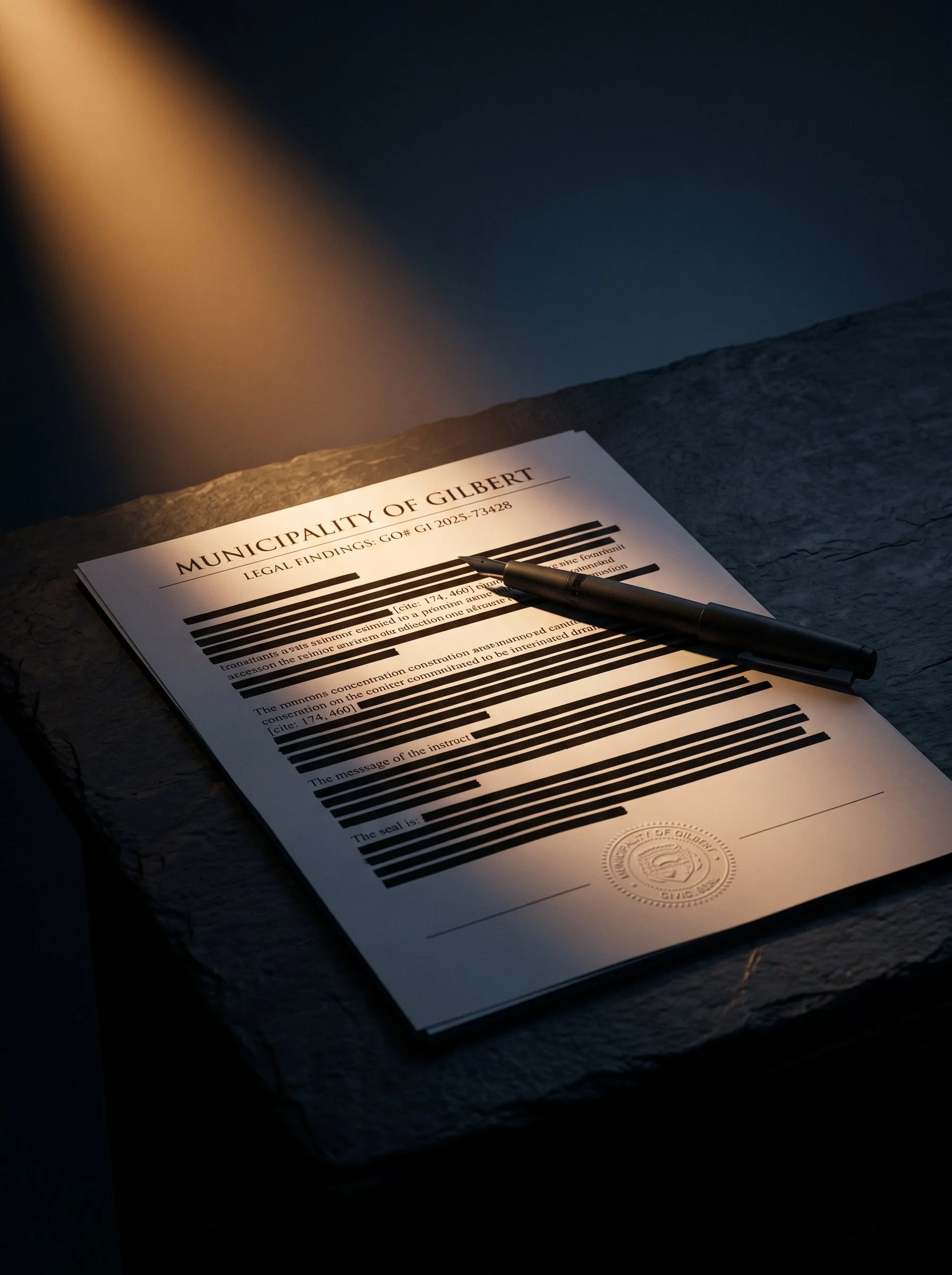 Legal document titled 'Municipality of Gilbert' with blacked-out text and a black pen placed on top, resting on a dark surface.