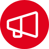 Red background with white megaphone icon