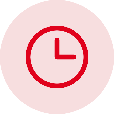 Red circular icon with a clock symbol in the center.