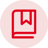 A red circular icon with a simplified outline of a book and a bookmark inside.