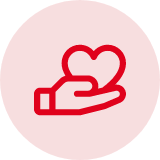 A red circle icon of a hand holding a heart.