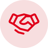 A red circle icon of a handshake.