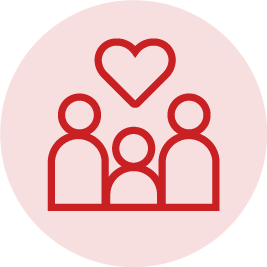 A red circle icon of a family with a heart above them.