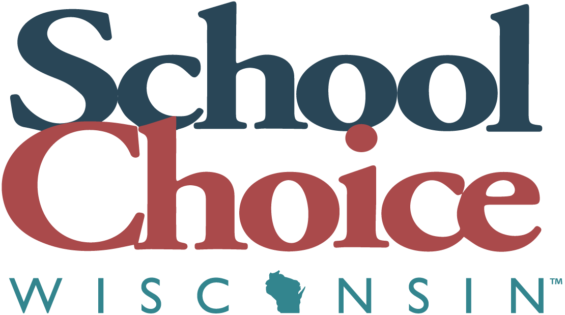 School Choice Wisconsin logo with the words "School Choice" in large font, with a silhouette of Wisconsin in the middle of the word "Wisconsin."