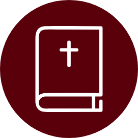 Icon of a closed book with a cross on the cover, on a dark red circular background.