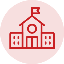 A red circle icon of an elementary school.
