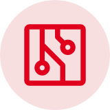 Circuit board icon on a red circular background