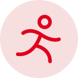 Red circular logo with a stylized running figure