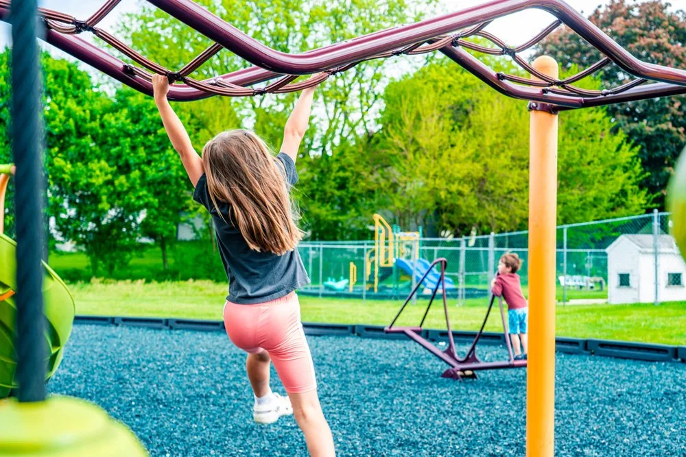 Children playing on a playground with jungle gym and swings, surrounded by green trees and a fenced area.