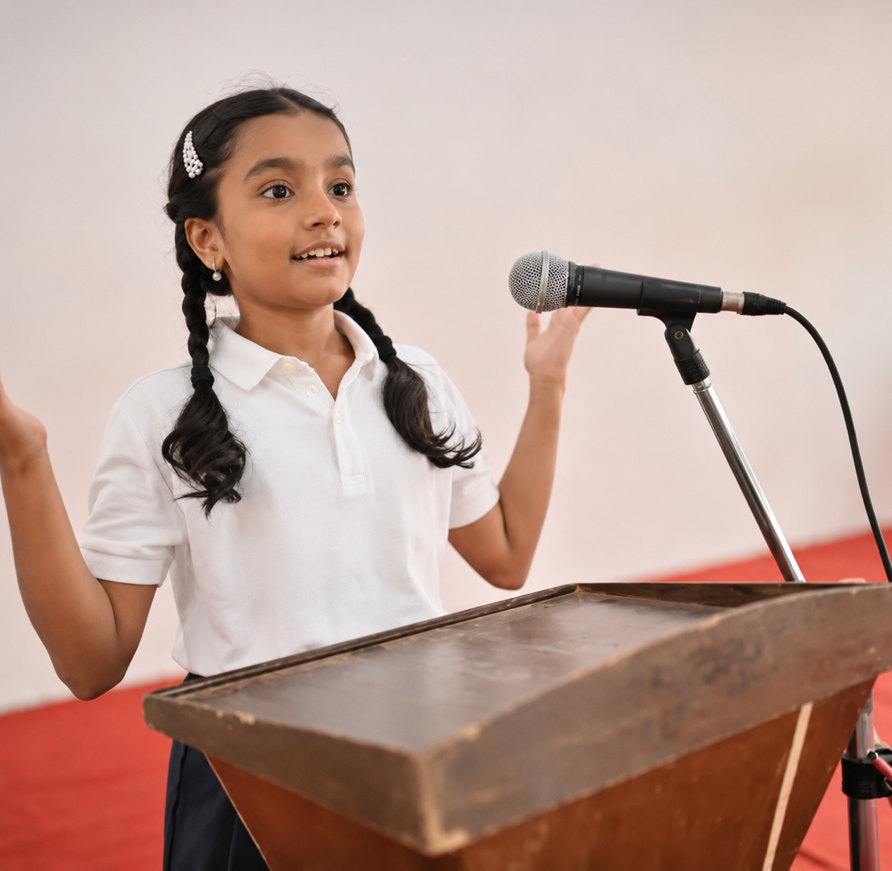 A young girl with braided hair, wearing a white polo shirt, speaking into a microphone at a podium.