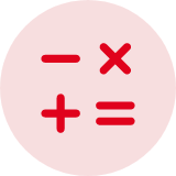 Red circle with math symbols including minus, multiplication, plus, and equals signs.