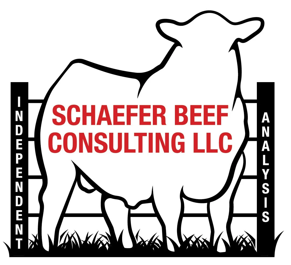 Logo of Schaefer Beef Consulting LLC featuring a black outline of a beef bull with the company's name in red letters in the center and the words "Independent" and "Analysis" on fence posts on either side.