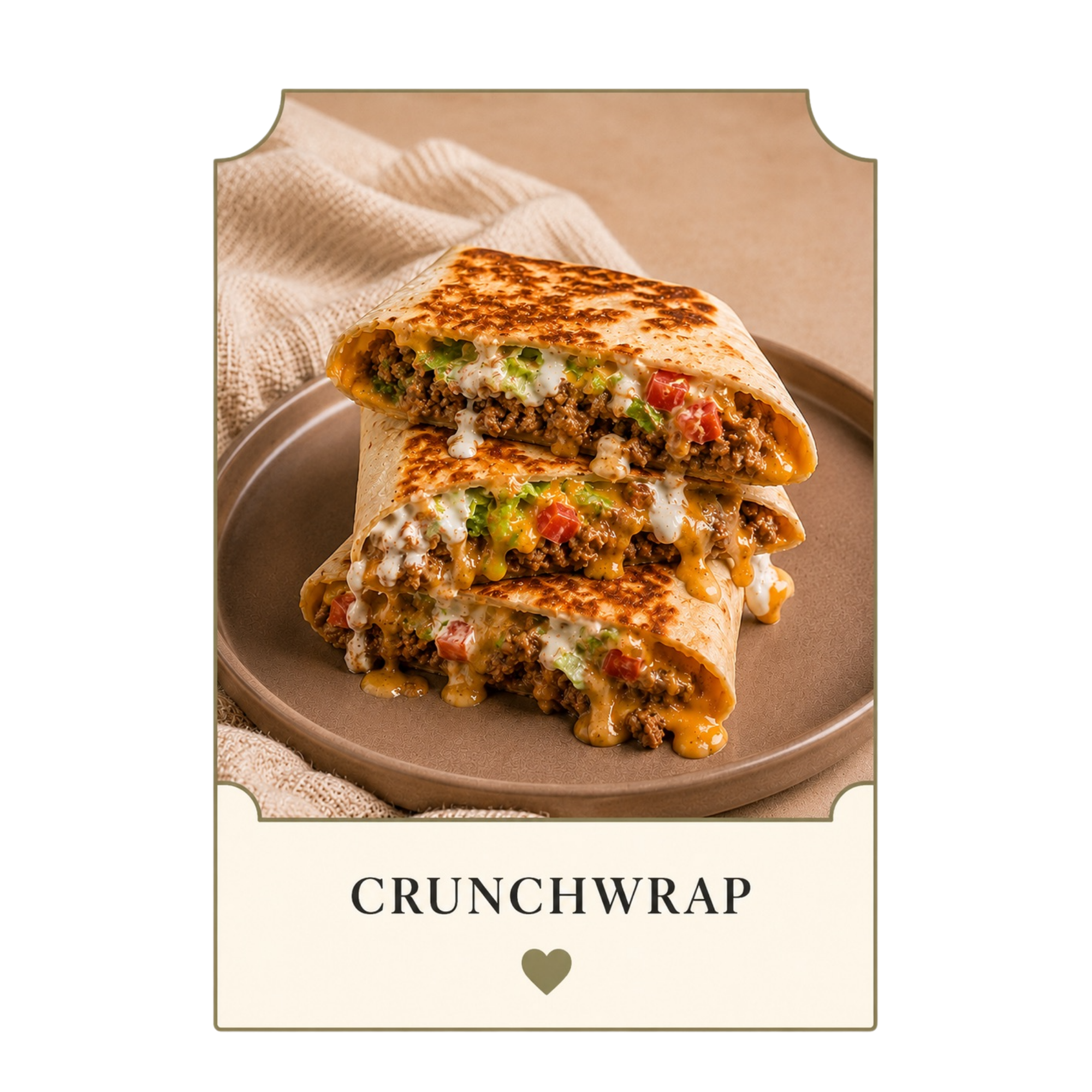A package of Crunchwrap with an image of a taco filled with seasoned ground beef, lettuce, tomato, cheese, and sour cream, wrapped in a toasted flour tortilla.